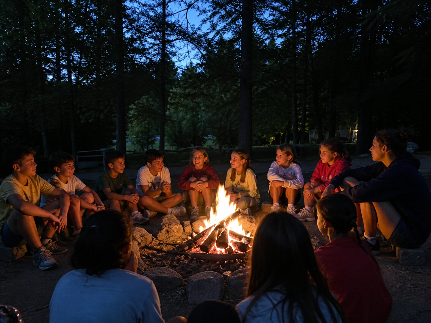 Niños y monitores reunidos alrededor de una hoguera al anochecer
